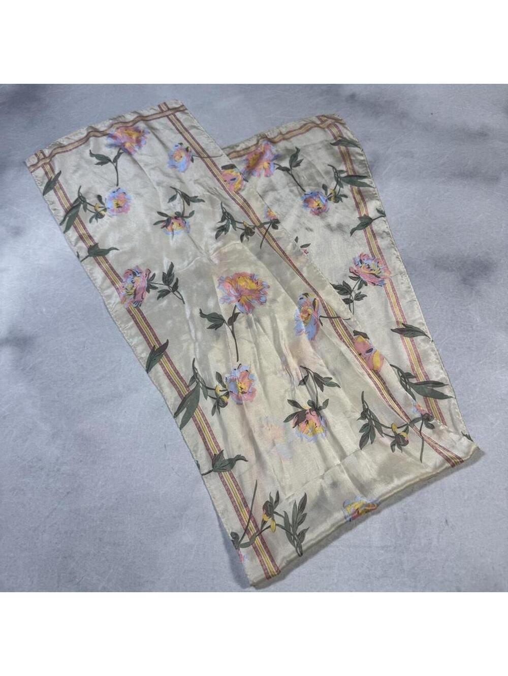 Vintage 70s Floral Silk Scarf Long Oblong Ivory Pink Blue Cottagecore 50”